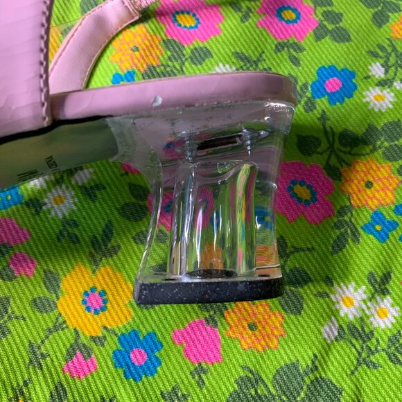 Vintage Pierre Dumas Pink Floral Clear Unique Chunky Heel Mule Sandal Size 7.5 - Picture 7 of 15